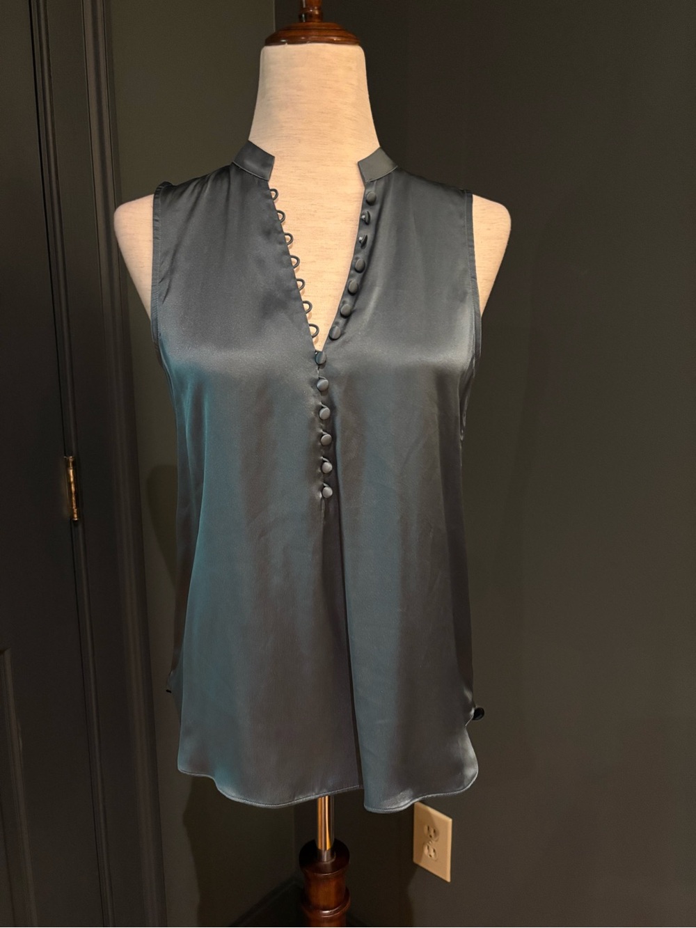 GO BY GO SILK Sleeveless Satin V-Neck Top in Slate Blue - Picture 2 of 6